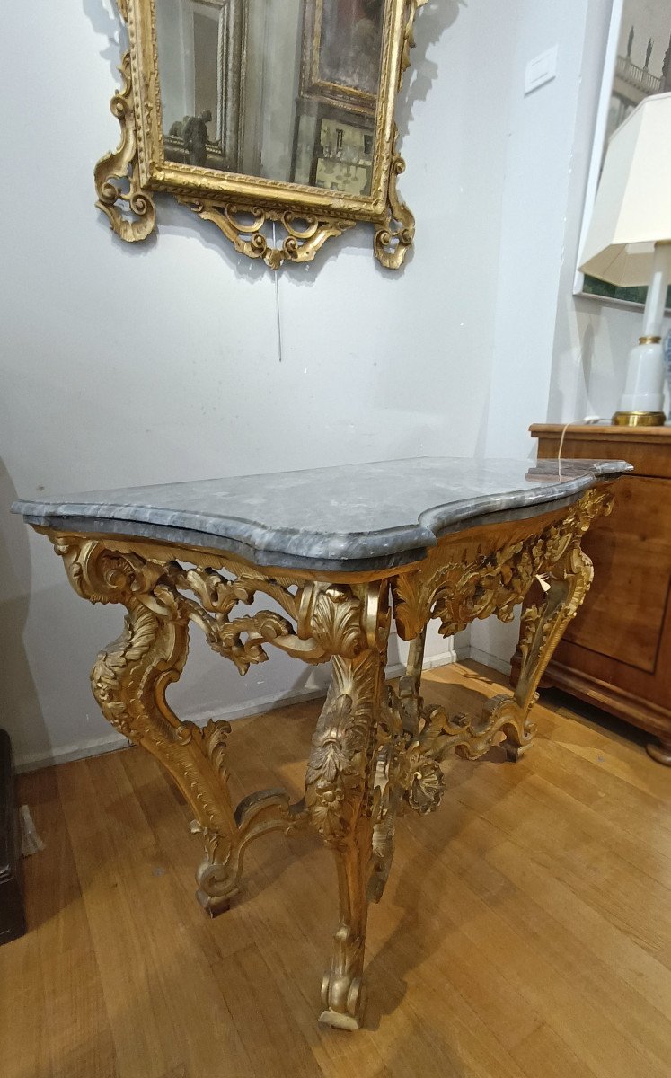 18th Century Louis XV Consolle In Golden Wood And Bardiglio Marble-photo-2