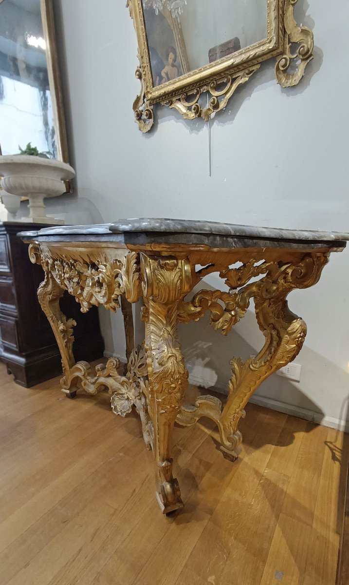 18th Century Louis XV Consolle In Golden Wood And Bardiglio Marble-photo-3