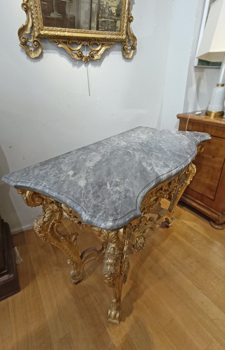 18th Century Louis XV Consolle In Golden Wood And Bardiglio Marble-photo-4