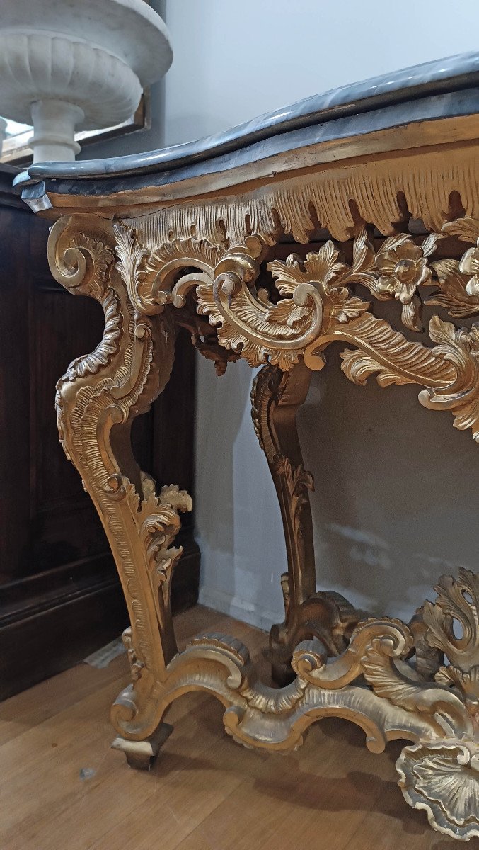 18th Century Louis XV Consolle In Golden Wood And Bardiglio Marble-photo-2