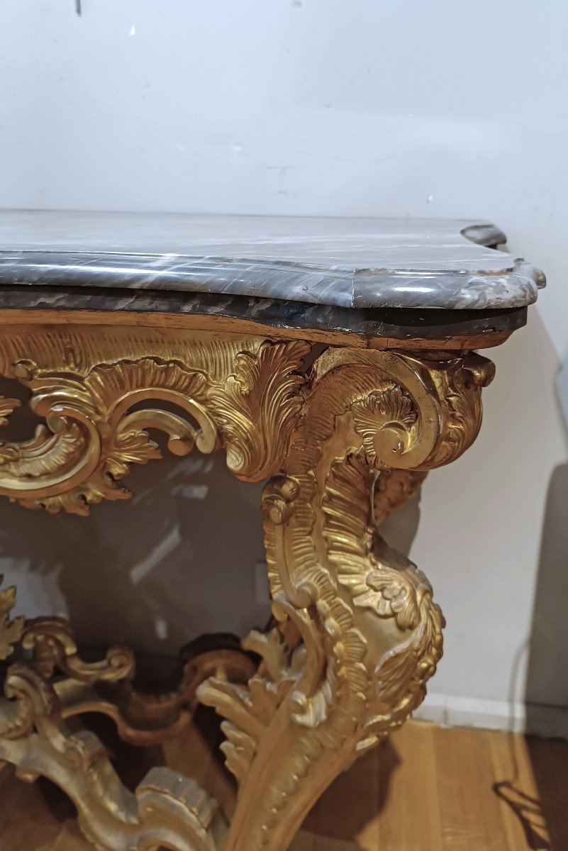 18th Century Louis XV Consolle In Golden Wood And Bardiglio Marble-photo-3