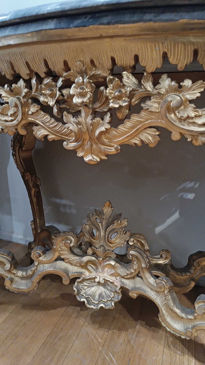 18th Century Louis XV Consolle In Golden Wood And Bardiglio Marble-photo-4