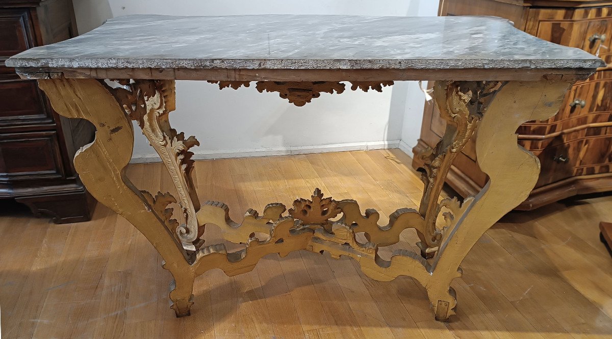 18th Century Louis XV Consolle In Golden Wood And Bardiglio Marble-photo-5