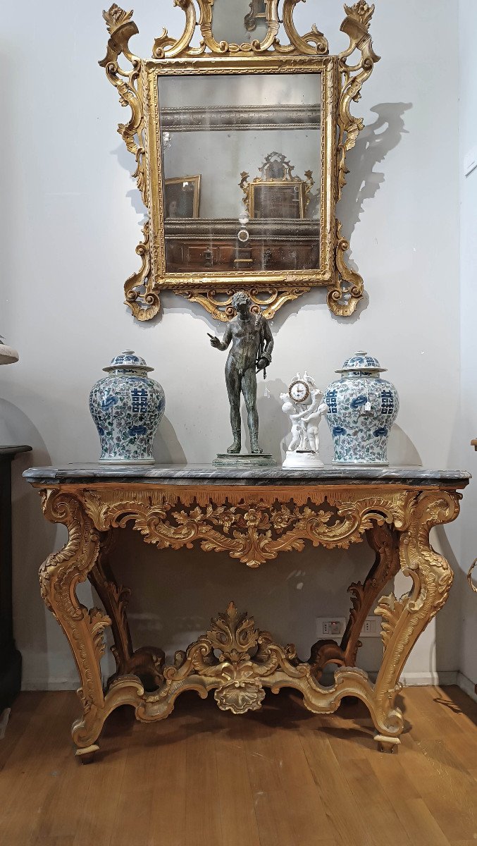 18th Century Louis XV Consolle In Golden Wood And Bardiglio Marble-photo-6