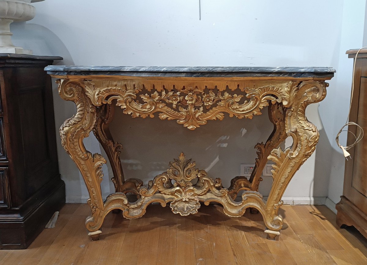 18th Century Louis XV Consolle In Golden Wood And Bardiglio Marble-photo-7