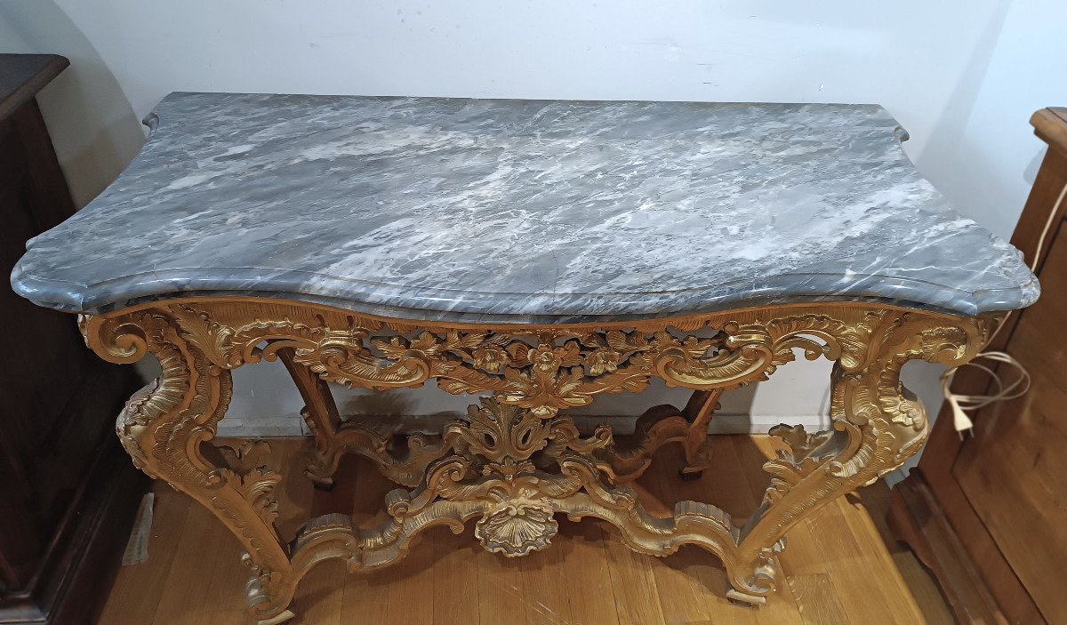 18th Century Louis XV Consolle In Golden Wood And Bardiglio Marble-photo-8