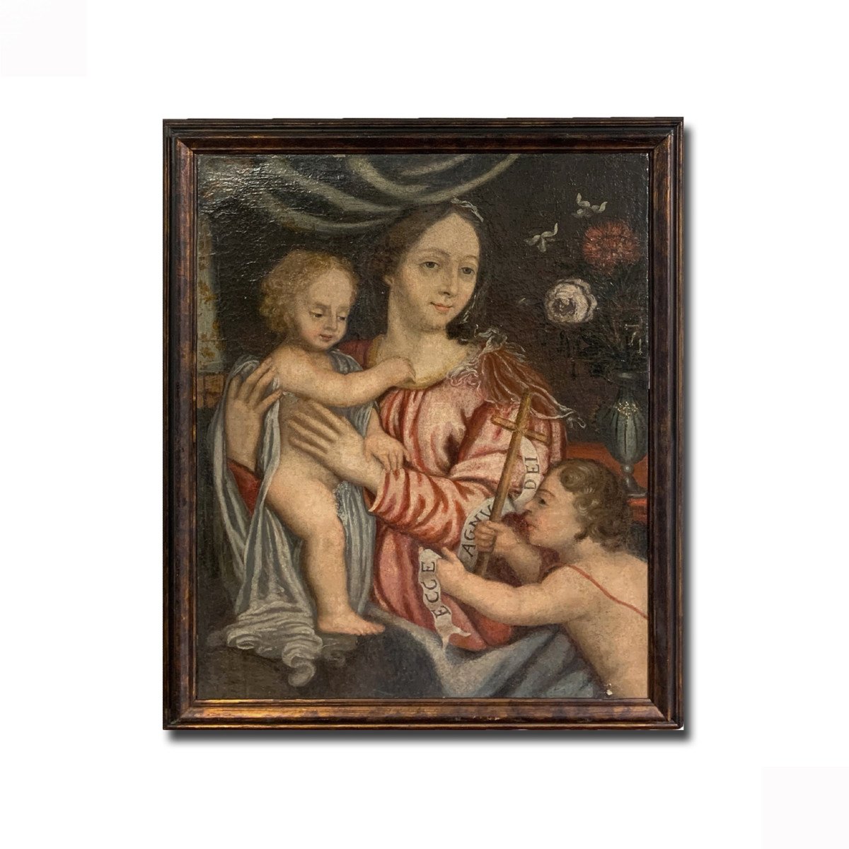 TABLEAU MADONE AVEC L'ENFANT ET SAINT JEAN 18ème SIÈCLE