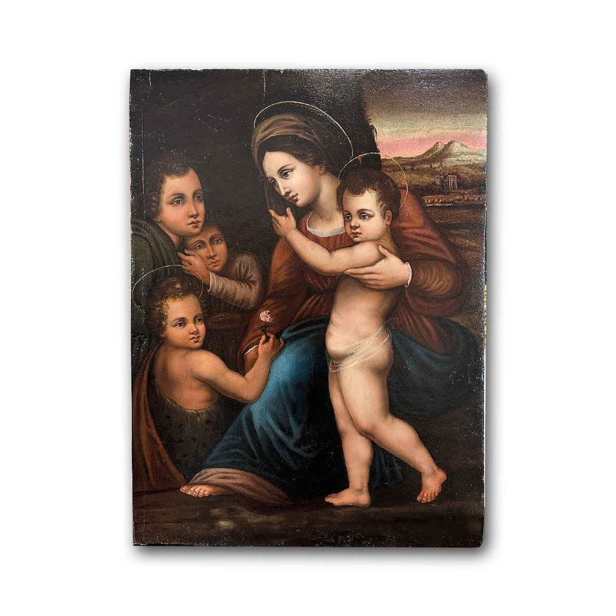 Late 16th Century Oil Painting On Panel Madonna With Jesus And John 