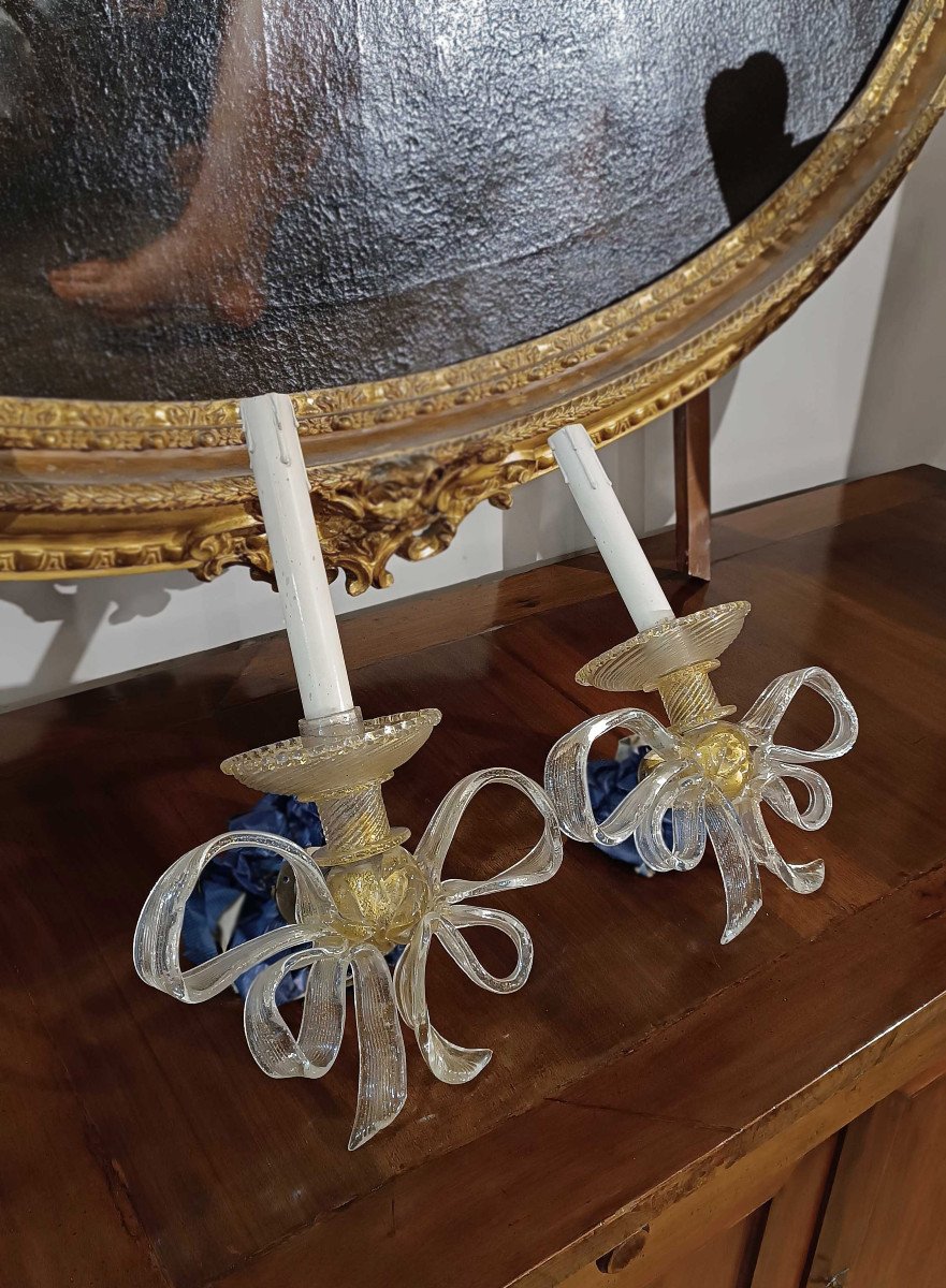 Early 20th Century Pair Of Bow-shaped Appliques In Murano Glass -photo-3