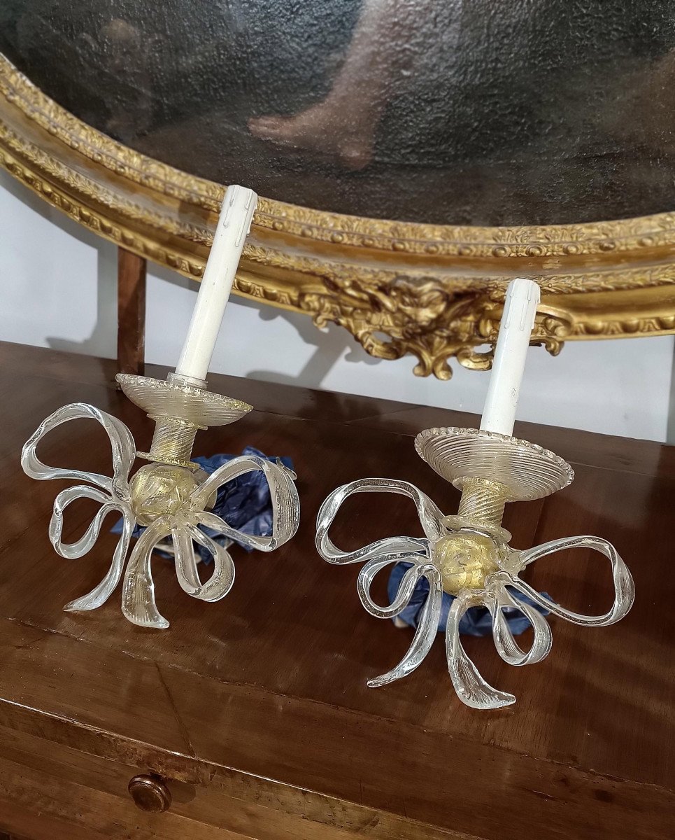 Early 20th Century Pair Of Bow-shaped Appliques In Murano Glass -photo-4