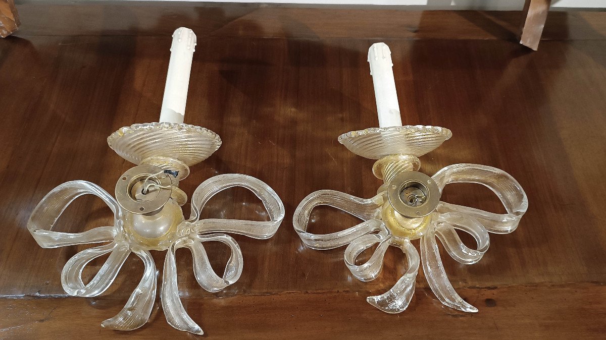 Early 20th Century Pair Of Bow-shaped Appliques In Murano Glass -photo-6