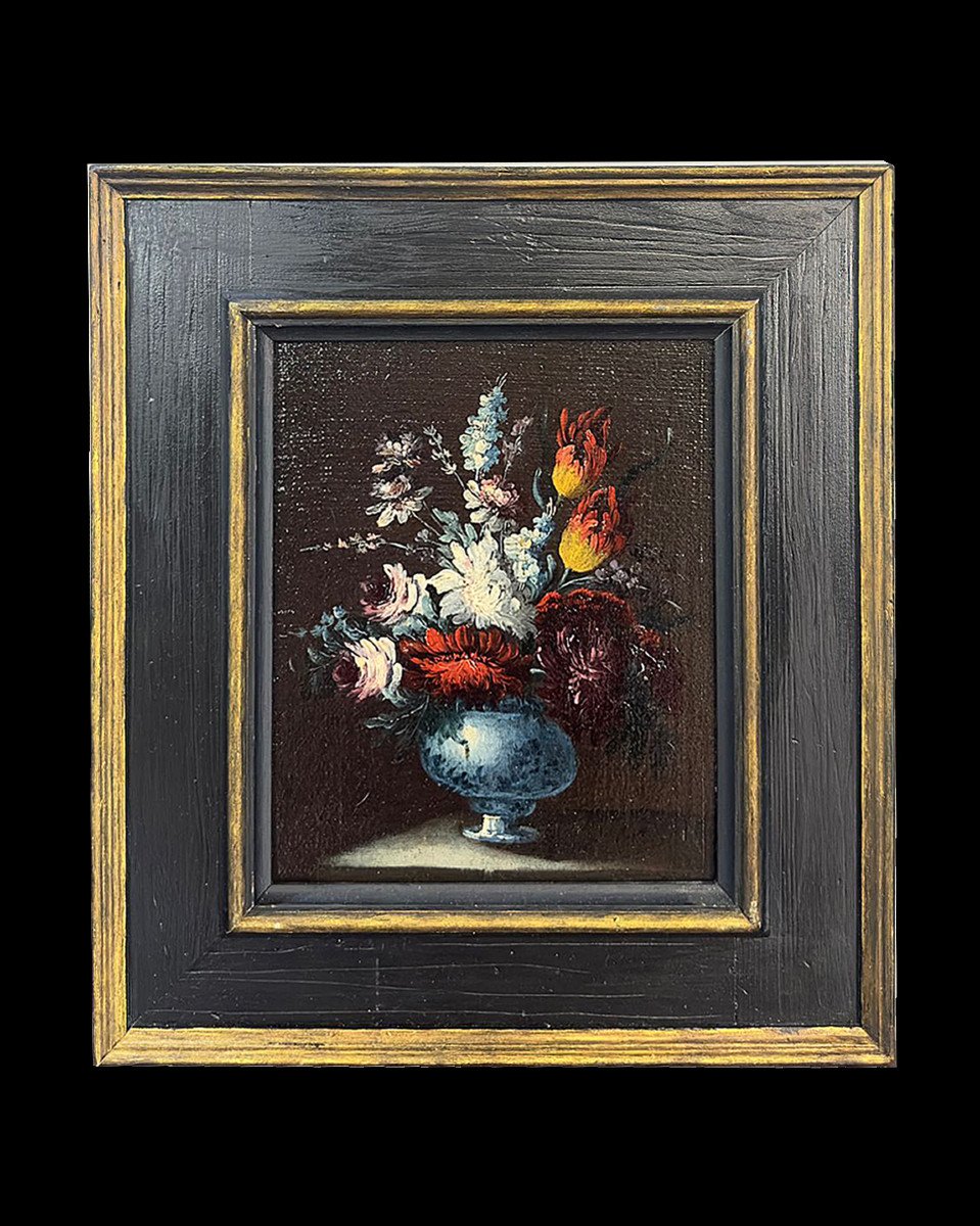 PAIRE DE PEINTURES AVEC VASES À FLEURS FIN DU 17ème SIÈCLE-photo-2