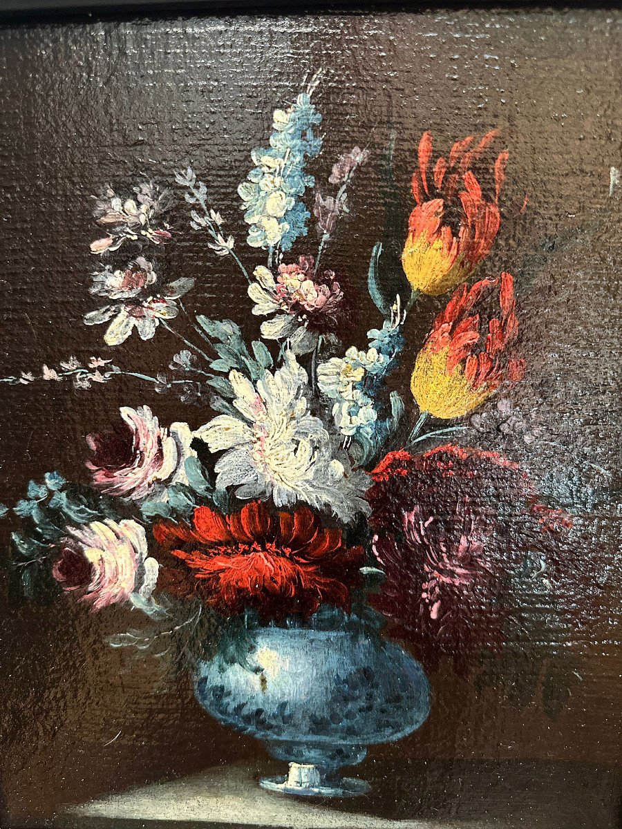 PAIRE DE PEINTURES AVEC VASES À FLEURS FIN DU 17ème SIÈCLE-photo-3