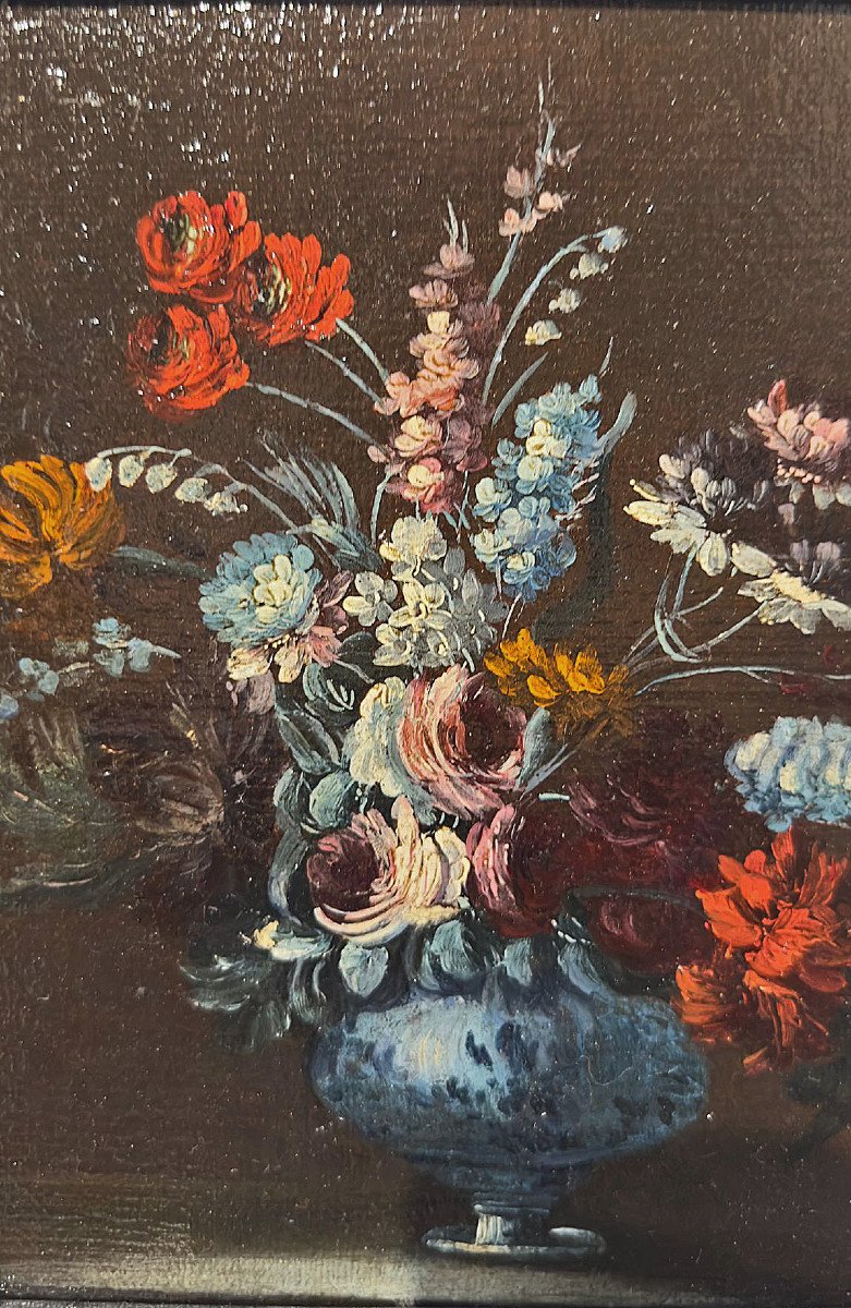 PAIRE DE PEINTURES AVEC VASES À FLEURS FIN DU 17ème SIÈCLE-photo-2