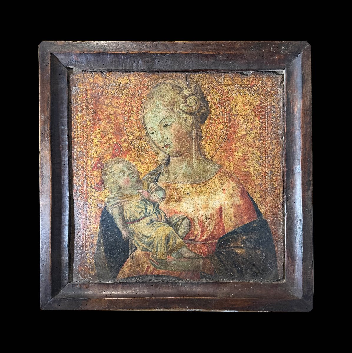 TABLETTE EN BOIS VIERGE À L'ENFANT SUR FOND OR 16ème SIÈCLE-photo-2