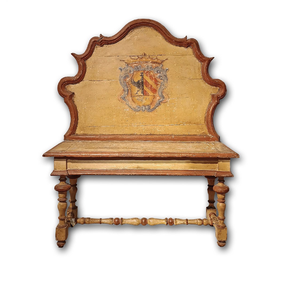 Painted Small Bench With Coat Of Arms Second Half Of The 18th Century