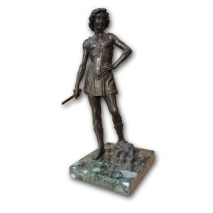 End Of The 19th Century Bronze Sculpture David And Goliath With Marble Base 