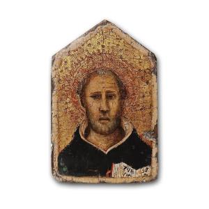 PANNEAU EN BOIS AVEC FOND DORÉ REPRÉSENTANT SAINT THOMAS D'AQUIN FIN 14ème-DÉBUT 15ème SIÈCLE