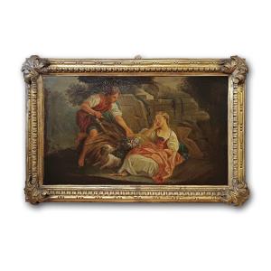 Early 19th Century Painting With Galant Scene French School 