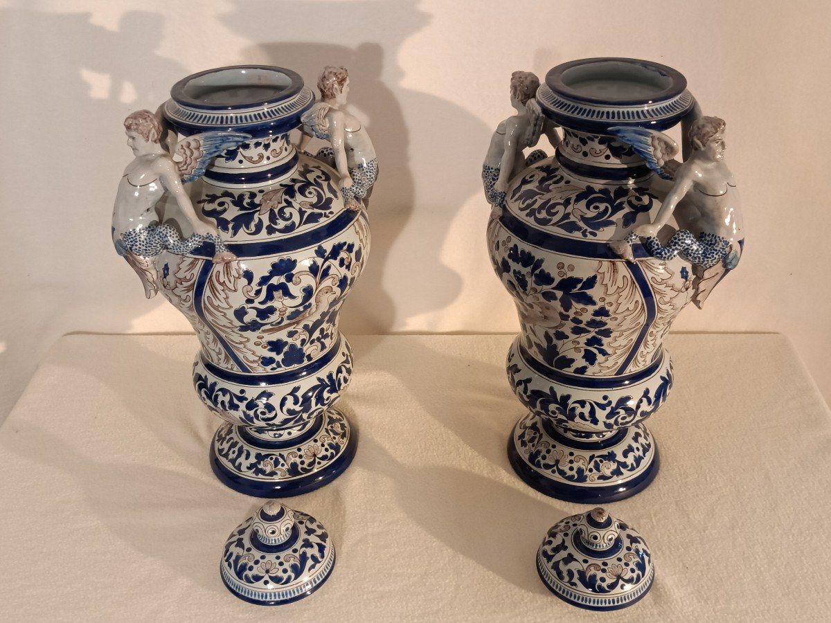 Montagnon - Important Pair Of Covered Pots In Nevers Earthenware Signed 19th Century-photo-2