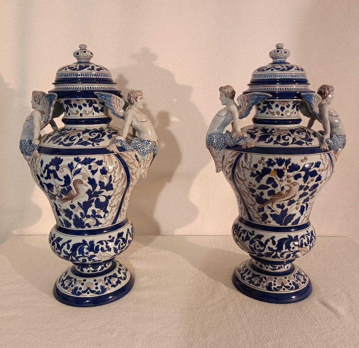 Montagnon - Important Pair Of Covered Pots In Nevers Earthenware Signed 19th Century