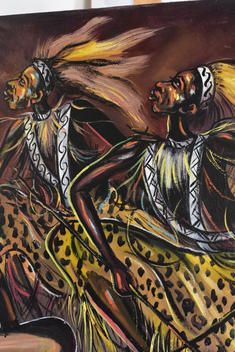 KITENGE Joseph - Artiste Congolais - Huile Sur Toile - Scène De Danse Traditionnelle-photo-1