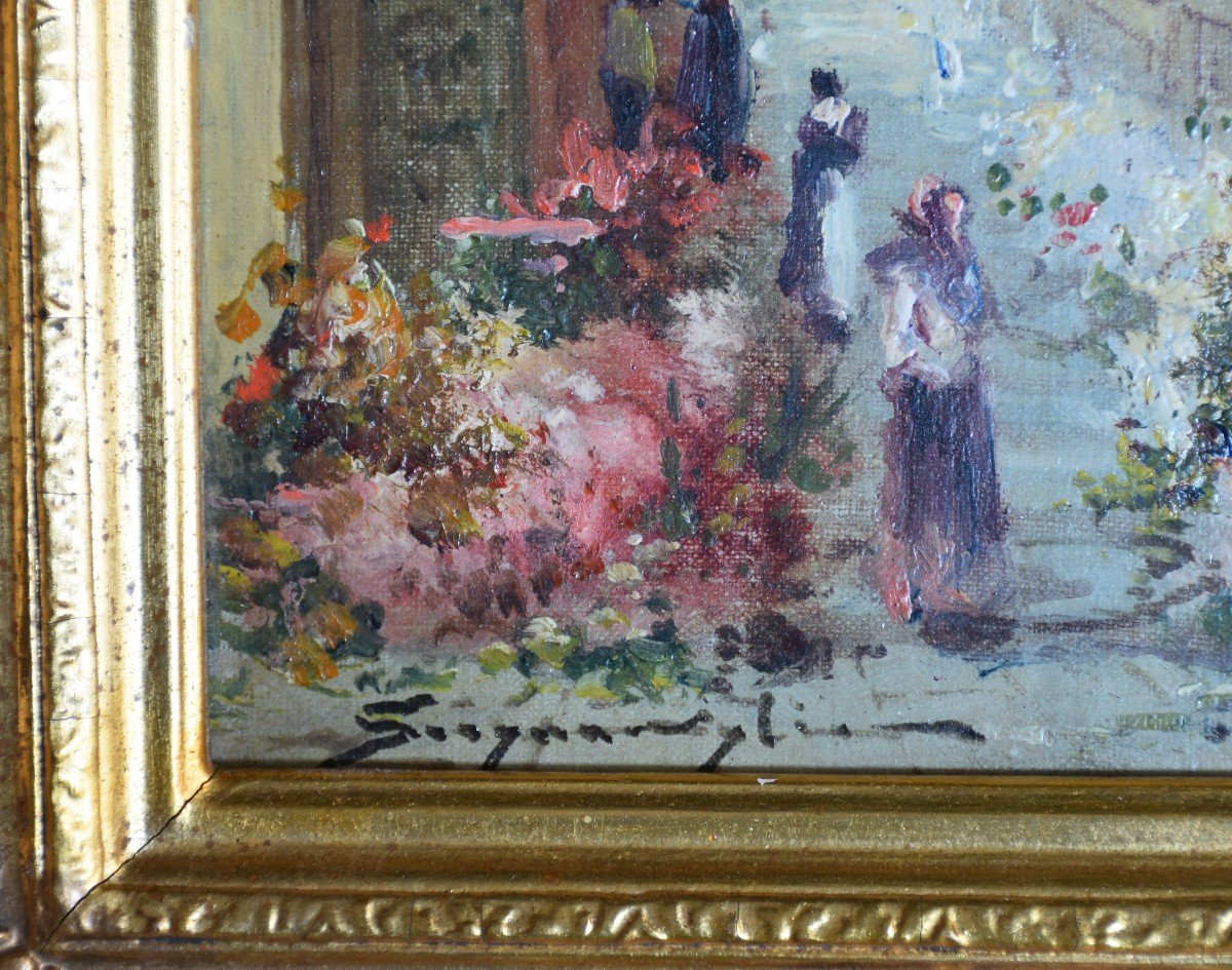 Paire de tableaux - scènes animées de marchés aux fleurs-photo-1