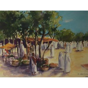 Van Mens Isidore (1890-1895) - Aquarelle Orientaliste, Scène De Marché - Signé Et Daté 1932