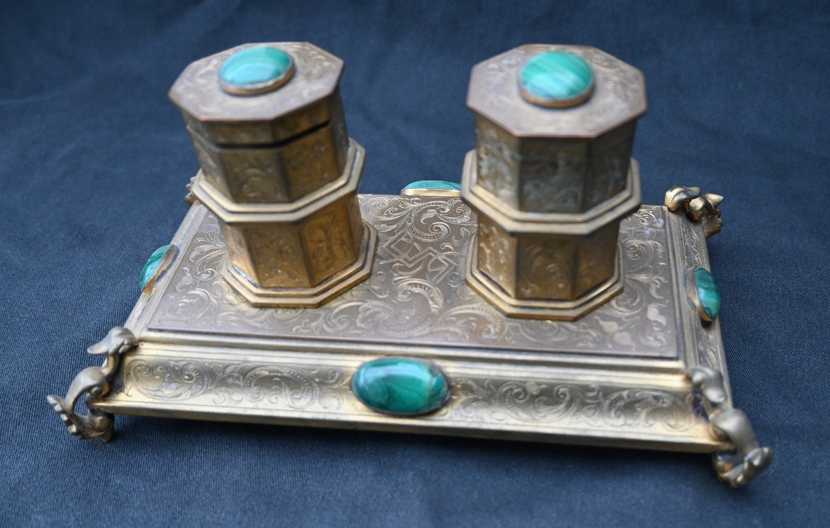 Old 19th Century Russian Desk In Gilt Bronze And Malachite, Inkwell-photo-3