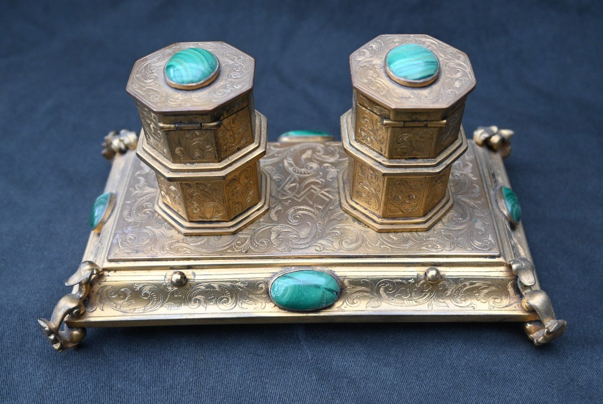 Old 19th Century Russian Desk In Gilt Bronze And Malachite, Inkwell-photo-1