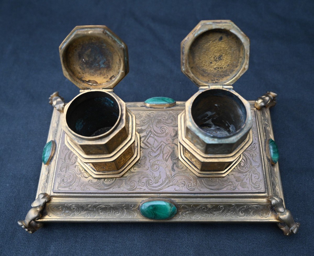 Old 19th Century Russian Desk In Gilt Bronze And Malachite, Inkwell-photo-2