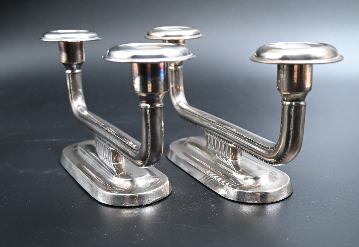 Pair Of Art Deco Silver Candlesticks  Design Aksel Holmsen, Norway-photo-3