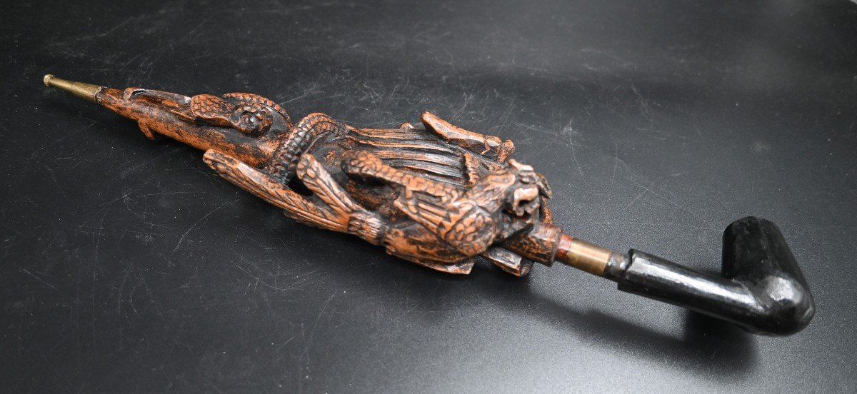 Ancienne Grande Pipe Chinoise En Bois Sculpté à La Main Du 19ème Siècle Avec Dragon-photo-4