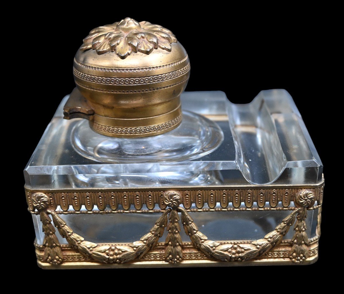 Inkwell In Gilt Bronze And Crystal-photo-2