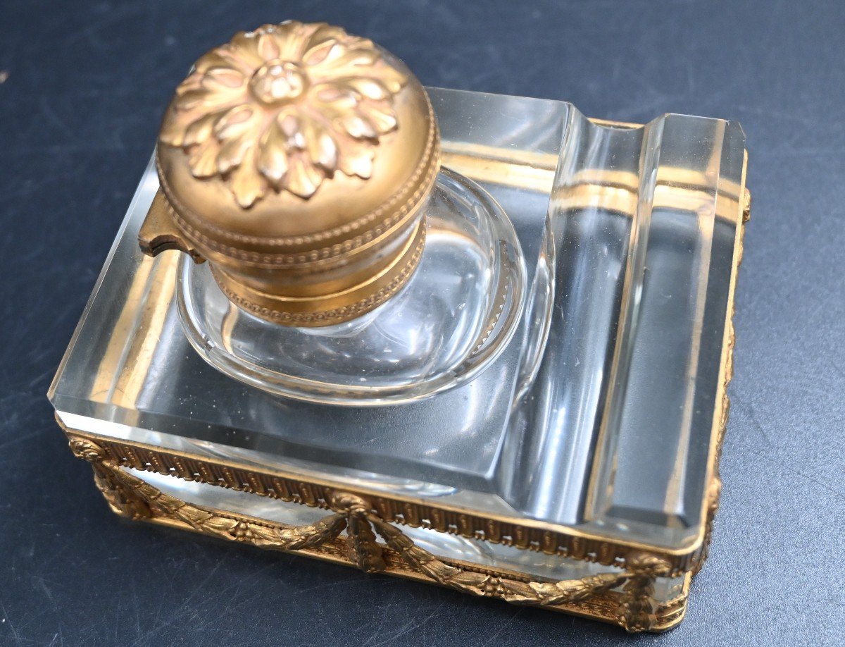 Inkwell In Gilt Bronze And Crystal-photo-1