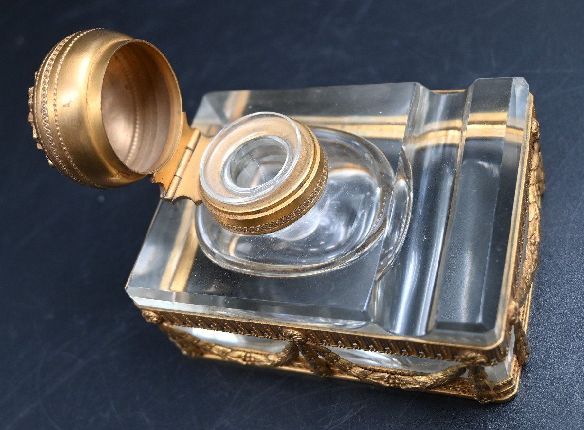 Inkwell In Gilt Bronze And Crystal-photo-2