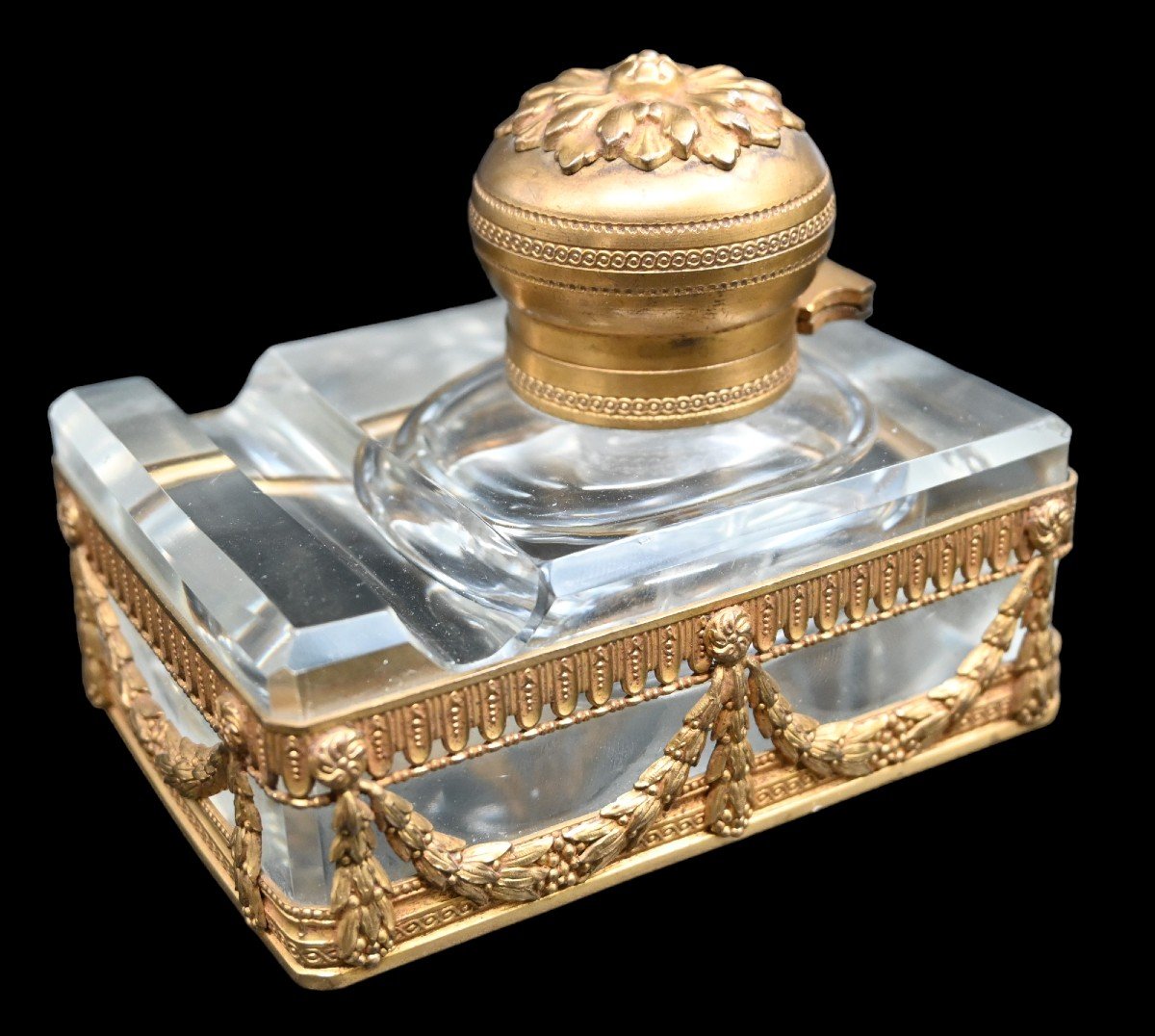 Inkwell In Gilt Bronze And Crystal