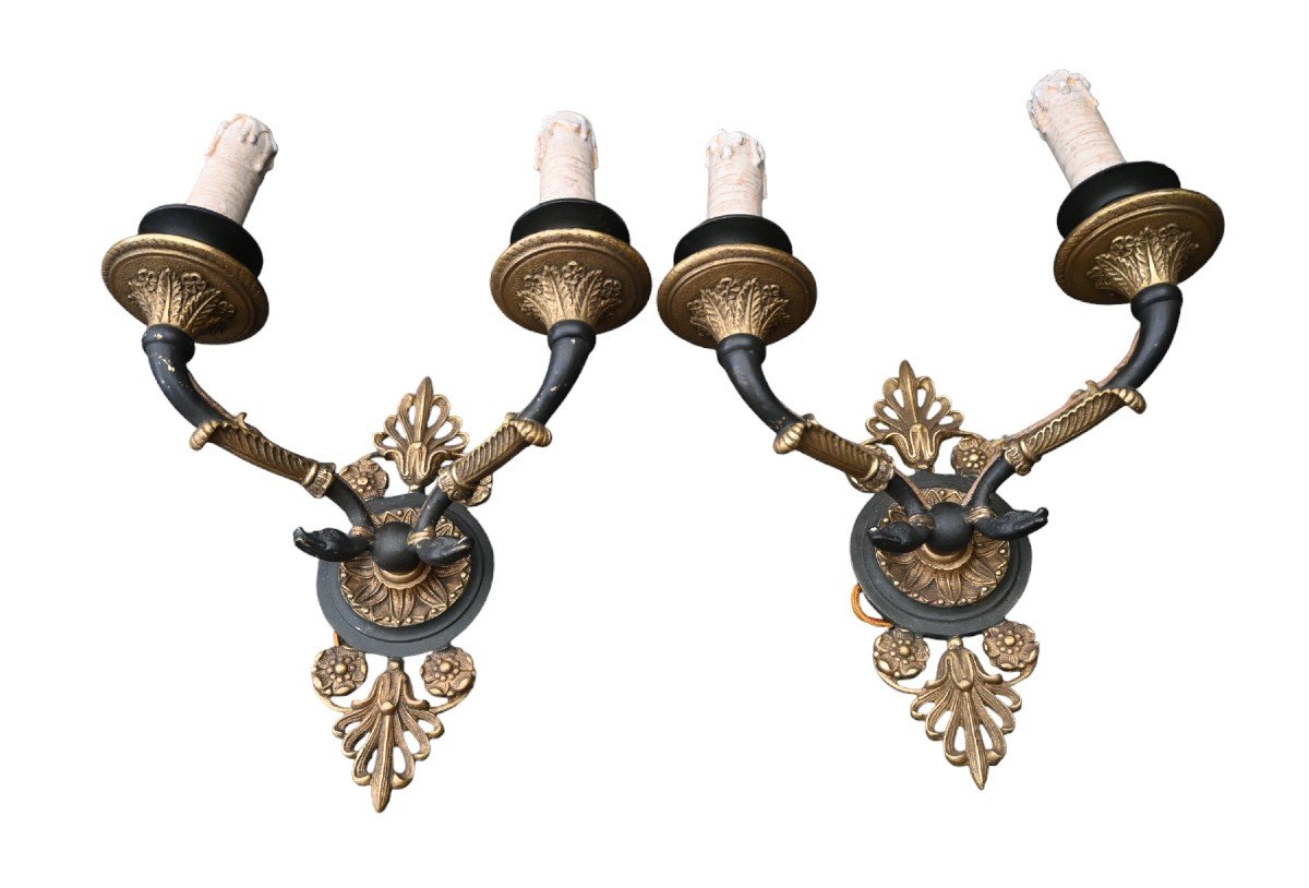 Pair Of Empire Sconces In Gilt And Patinated Bronze