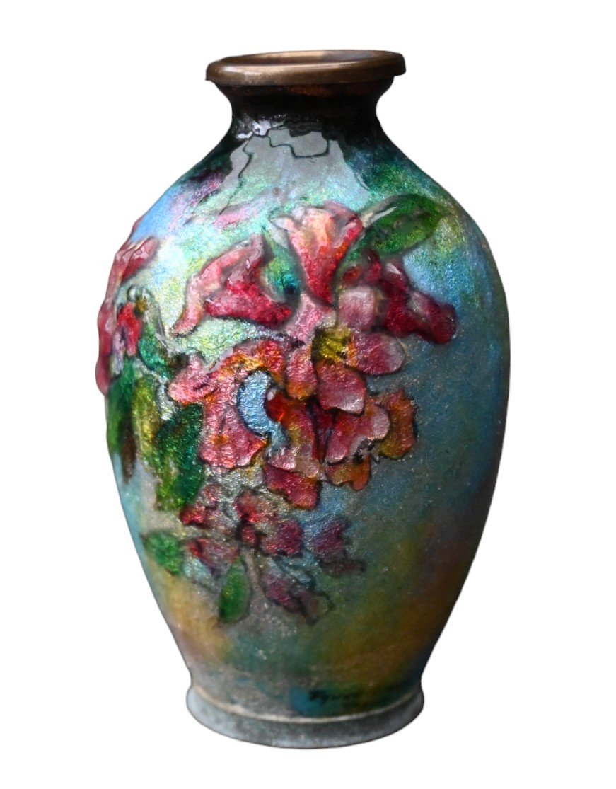 Camille Fauré (1874-1956), Vase Décor Floral En émail, émaux De Limoges