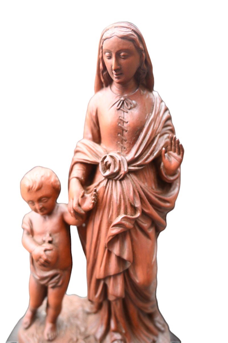Statue De La Madone Avec l'Enfant En Buis Sculpté 19éme Siécle-photo-3