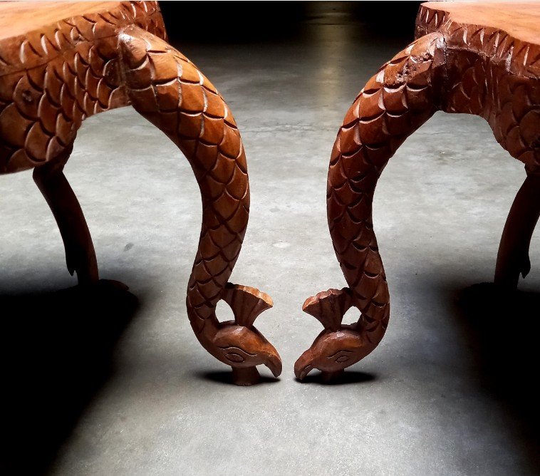 Pair Of Hand-carved Burmese Anglo-indian Peacock Armchairs Circa 1880-photo-3