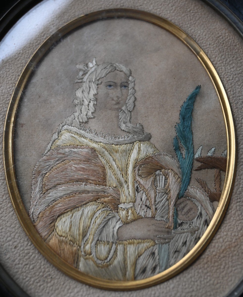 Large Miniature, Portrait, Partly Painted And Embroidered