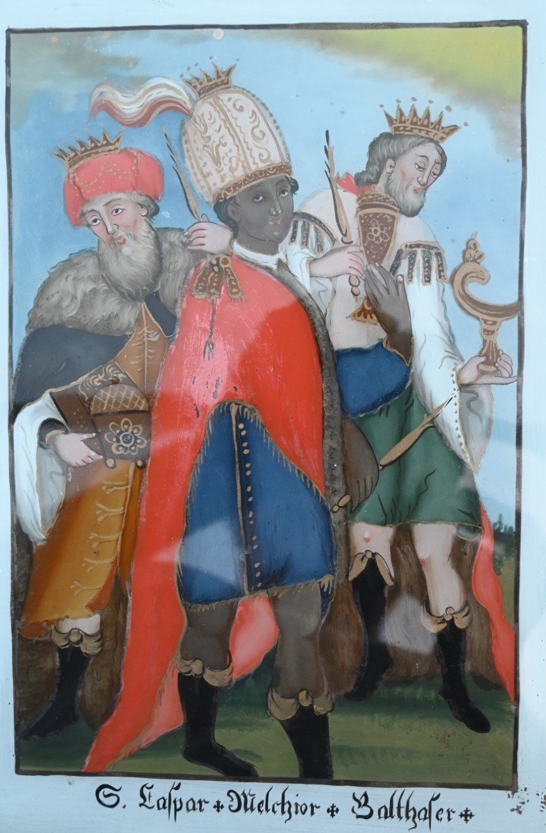 Rare Behind Glass Painting, Eglomisé, The Three Wise Men, 19th Century-photo-2