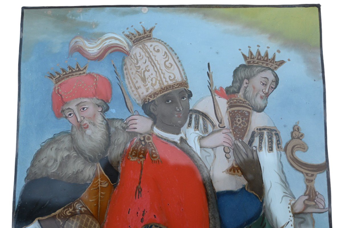 Rare Behind Glass Painting, Eglomisé, The Three Wise Men, 19th Century-photo-4