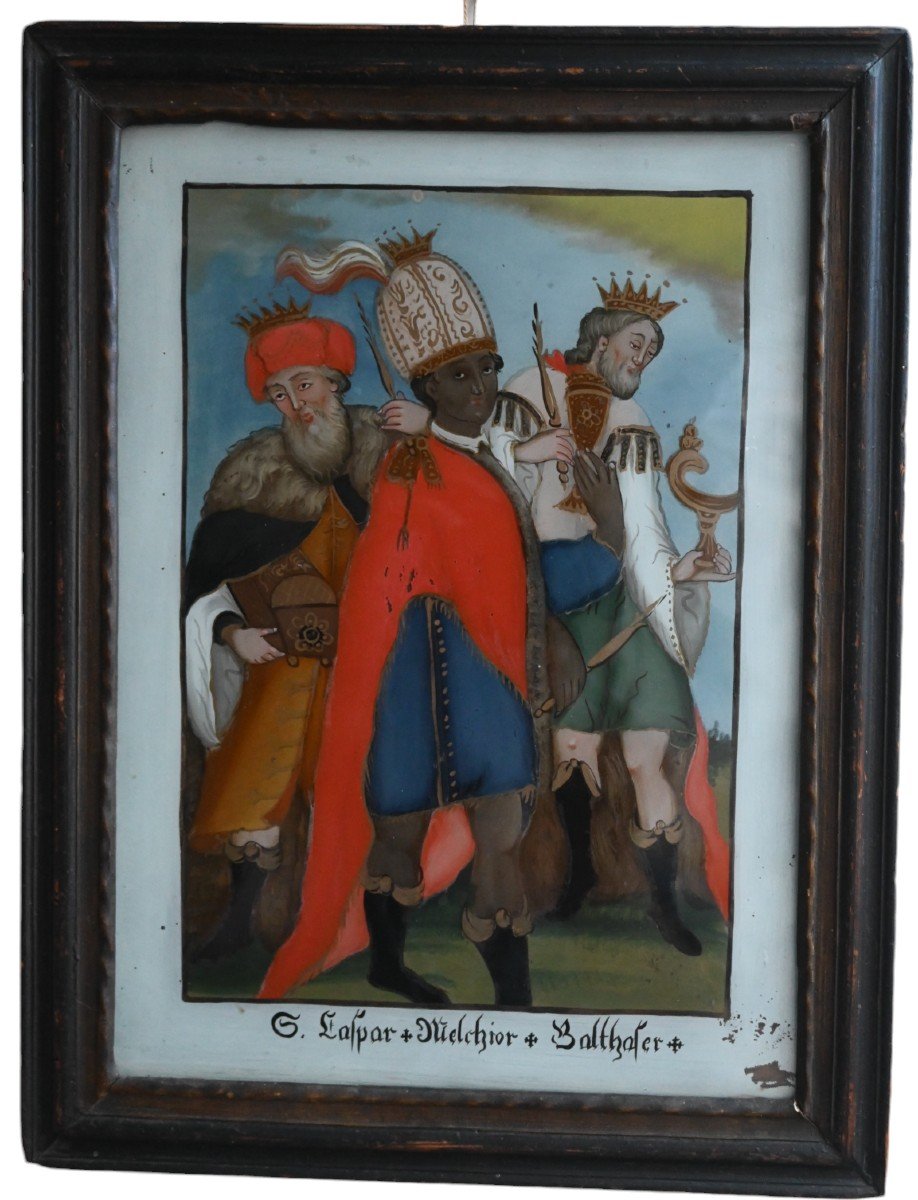 Rare Behind Glass Painting, Eglomisé, The Three Wise Men, 19th Century