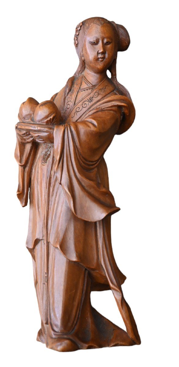 Statue De Guanyin Sculptée En Buis, Début Du 20ème Siècle