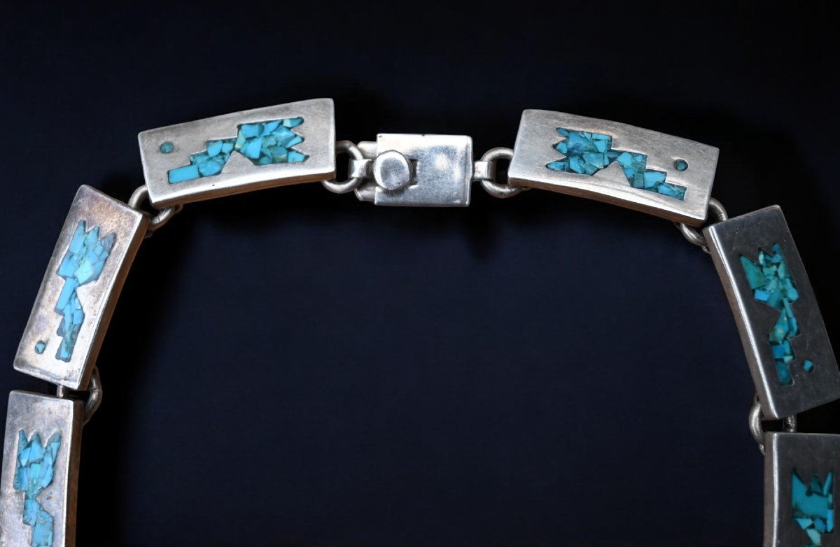 1970s Sterling Silver And Turquoise Designer Necklace-photo-4