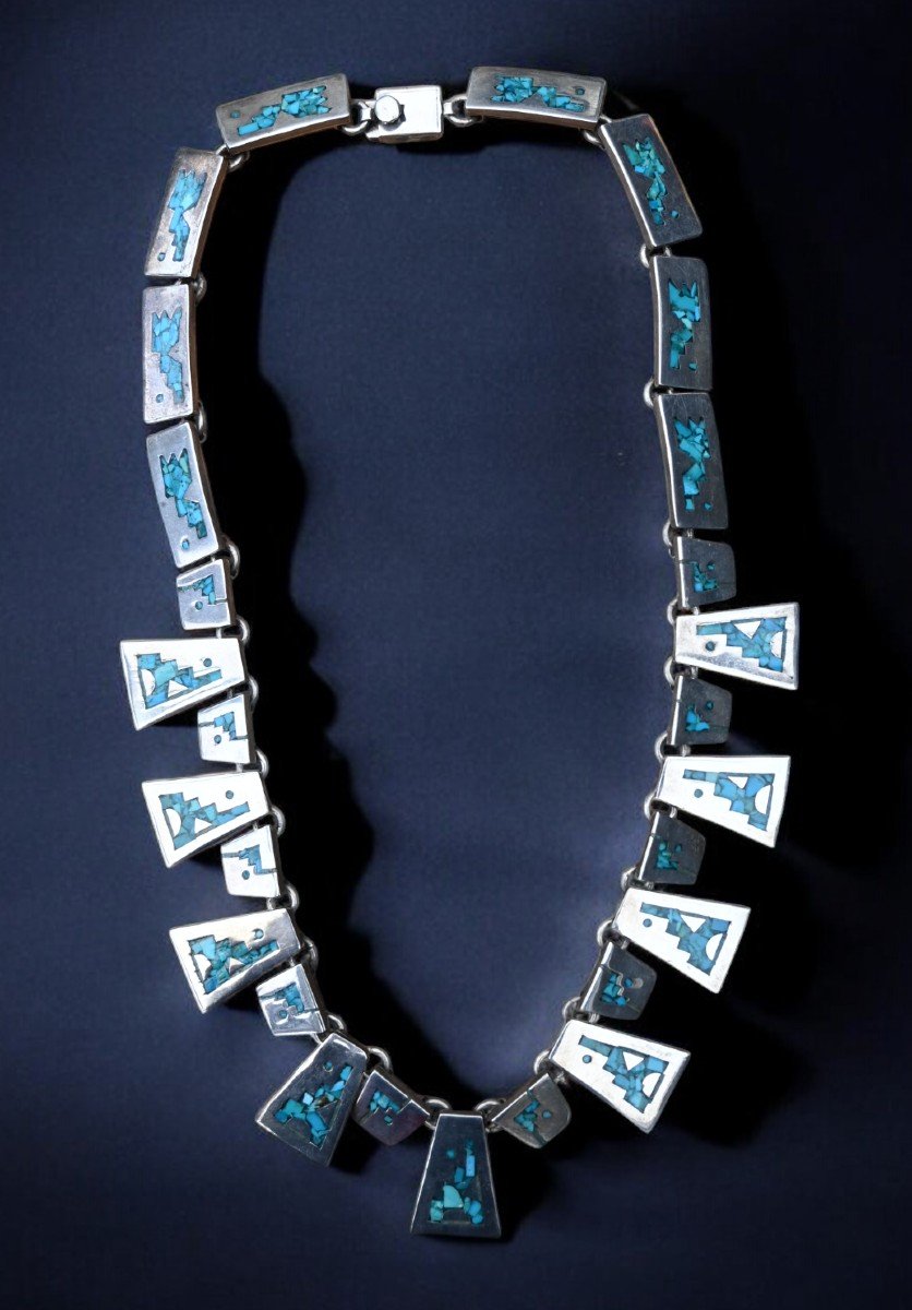 1970s Sterling Silver And Turquoise Designer Necklace