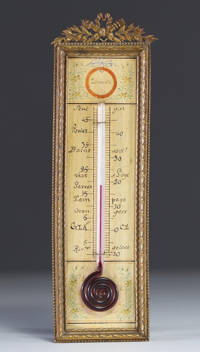 Louis XVI Style Painted Wood Wall Thermometer With Gilt Bronze Frame, 19th Century.