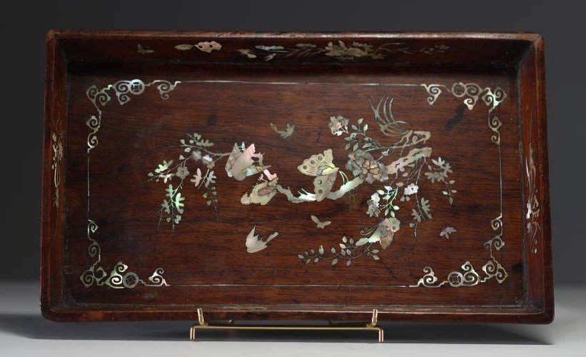 China - Exotic Wood Tray With Mother-of-pearl Inlays, 19th Century